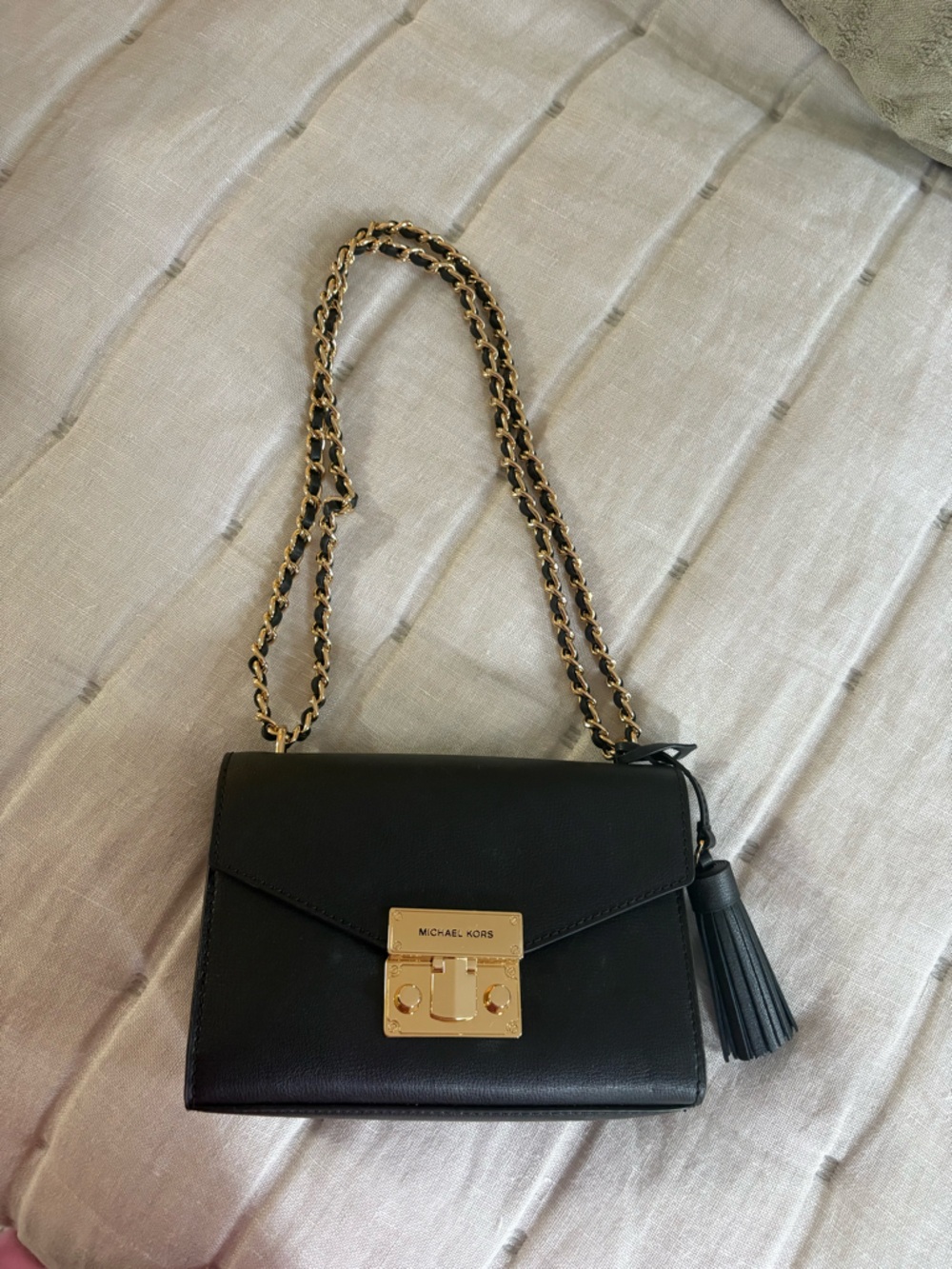 Michael Kors Black Leather Crossbody with Gold Chain Strap - Picture 2 of 5